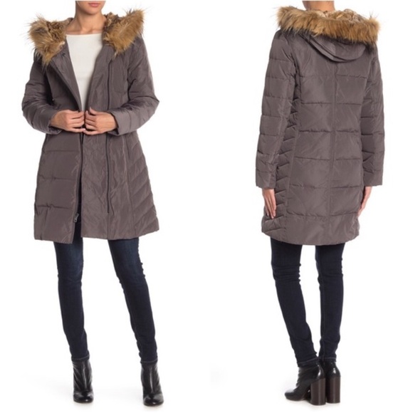 Cole Haan Faux Fur Trim Gray Hooded Puffer Coat - Picture 1 of 8